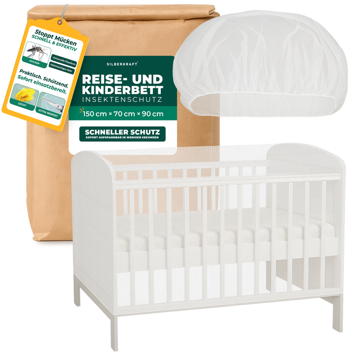 Insectenbescherming voor reis- en kinderbedden - klamboe 150x70x90cm - opvouwbaar & ademend - voor babyreiswiegjes en extra bedden - incl. transporttas - Silberkraft
