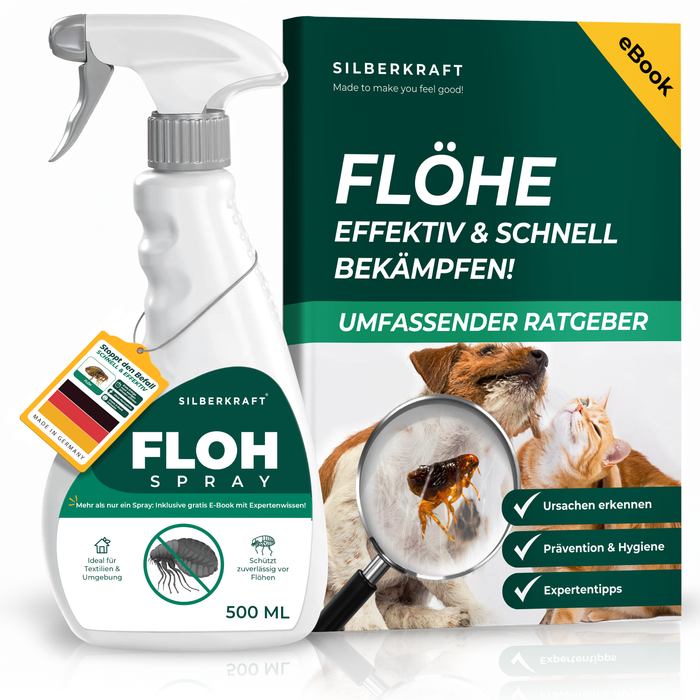 Vlooienspray voor huisdieren - productfles met kat en hond, indicatie voor snelle en effectieve vlooienbestrijding