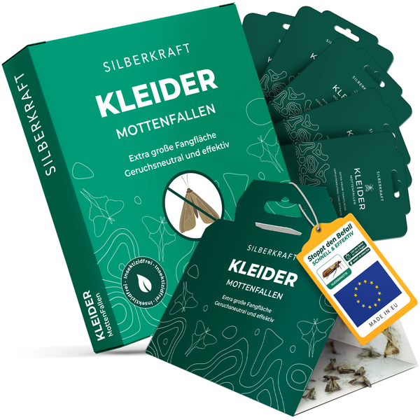 Productafbeelding van de Silberkraft kledingmottenvallen (verpakking van 6) met een groot vangoppervlak, geurloos aantrekkend effect en Made-in-EU-zegel.