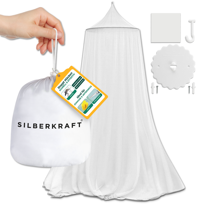Klamboe met zelfklevende haken - Witte klamboe met accessoires voor eenvoudige installatie. Inclusief zelfklevende haken en schroefhaken voor flexibele bevestiging. Perfect voor bescherming tegen muggen in slaapkamers, op reis of buitenshuis.