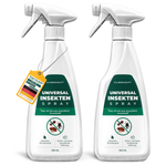 Dubbelverpakking van de Silberkraft universele insectenspray met onmiddellijke en langdurige werking. Effectief tegen vliegende en kruipende insecten, met een subtiele citroengeur. Gemaakt in Duitsland van gerecycled plastic voor duurzame insectenbescherming.