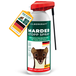 Productafbeelding voor de marterstopspray. Op het etiket staat dat de spray in Duitsland wordt gemaakt en marterplagen in auto's en huizen kan afweren.