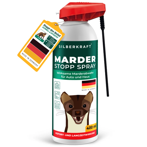 Produktbild für das Marder Stopp Spray. Auf dem Etikett steht, dass das Spray hergestellt in Deutschland wird und Marderbefall im Auto und Haus abwehren kann.