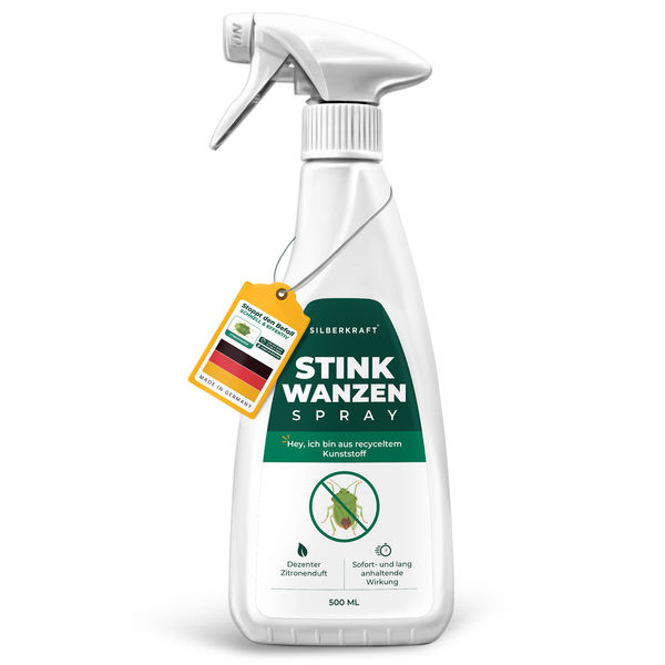 Silberkraft stinkwantsenspray in een witte spuitfles met een groen etiket en een insectensymbool met de tekst "stinkenwantsenspray".