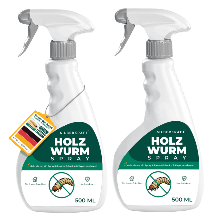 Zwei Silberkraft Holzwurmspray 500 ml Flaschen mit deutschem Qualitätssiegel und inklusivem Experten-eBook.