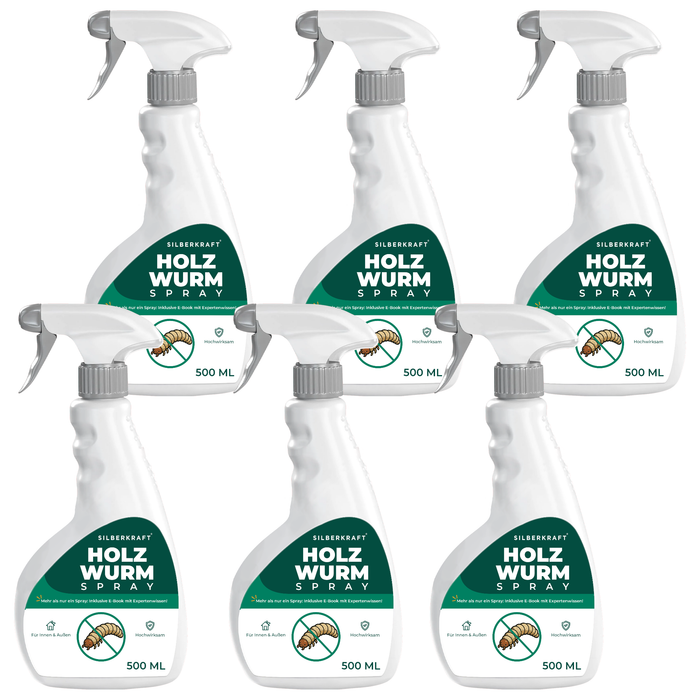 Sechser-Pack Silberkraft Holzwurmspray 500 ml – ideal für größere Flächen und langfristigen Vorrat.