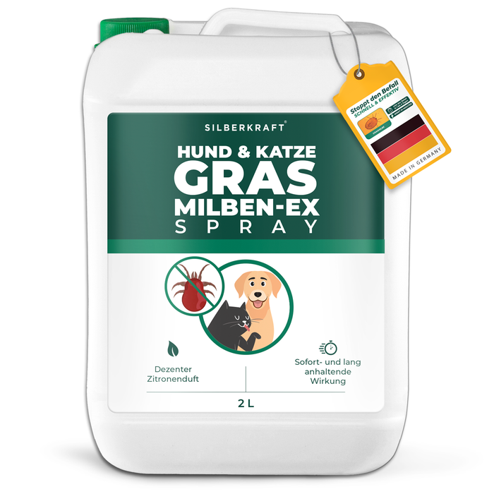 Silberkraft Grasmijten EX Spray in een witte bus met een groen etiket en een honden- en kattensymbool, met het opschrift "Grasmijten EX Spray".