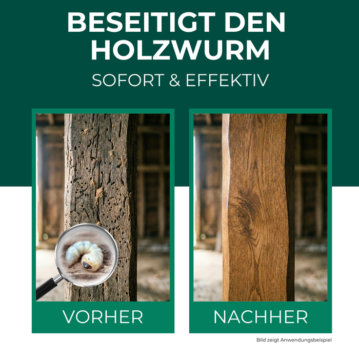 Vorher-Nachher-Vergleich: stark befallenes Holz mit Holzwurm (links) und behandeltes, schädlingsfreies Holz (rechts) nach Anwendung von Silberkraft Holzwurmspray.
