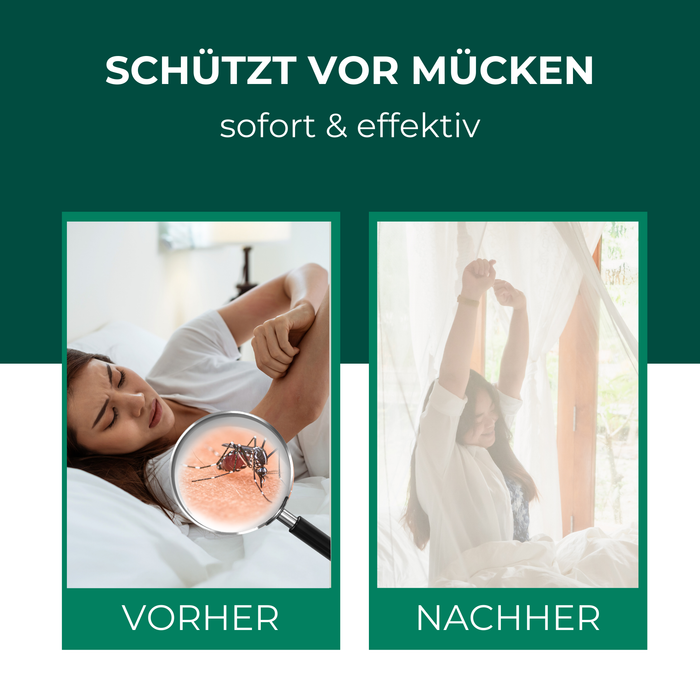 Voor en na vergelijking met klamboe - links een vrouw met een muggenbeet en jeuk, rechts dezelfde vrouw die na een goede nachtrust onder een klamboe ontspant.