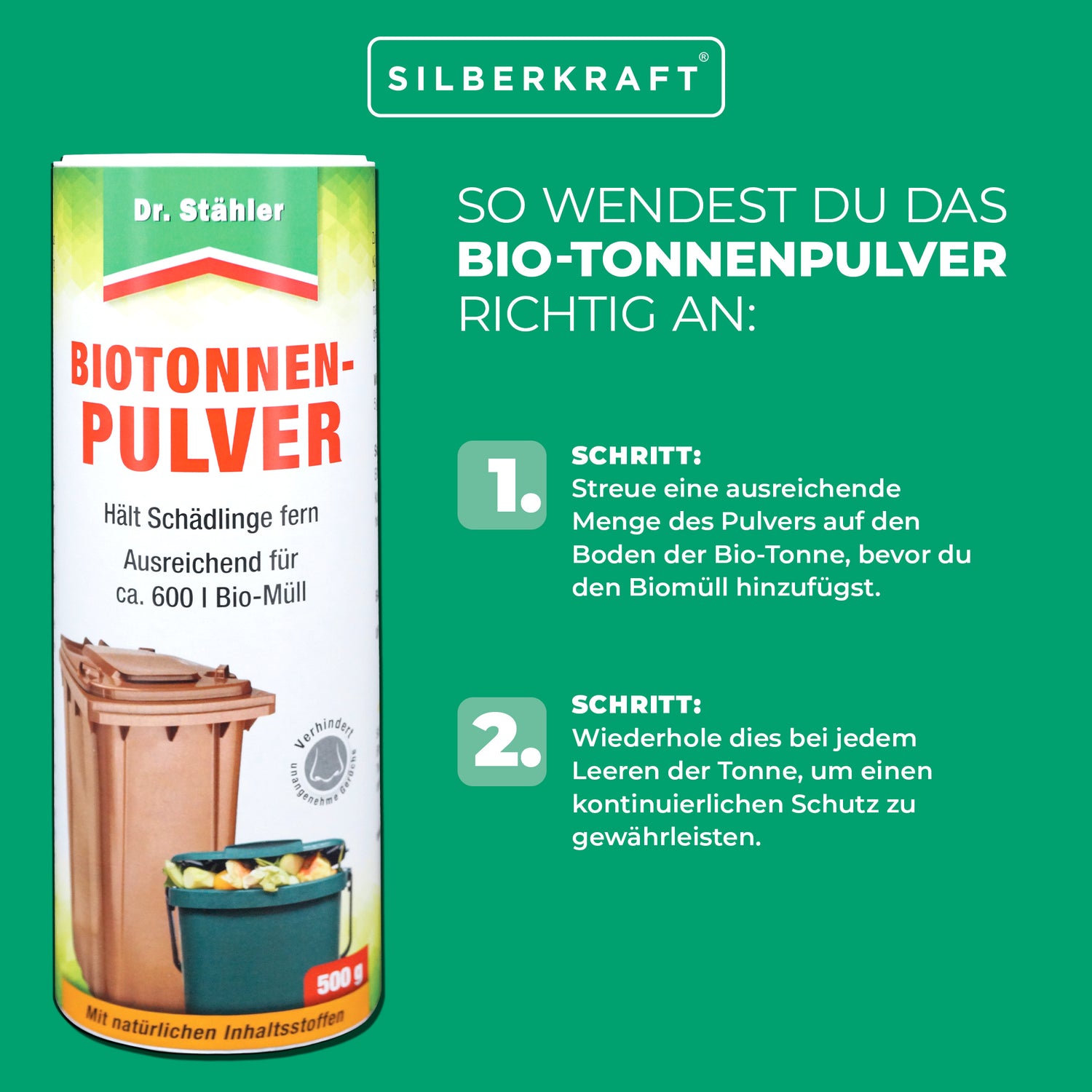 Bio-Tonnenpulver gegen unangenehme Gerüche und Schädlinge - Silberkraft