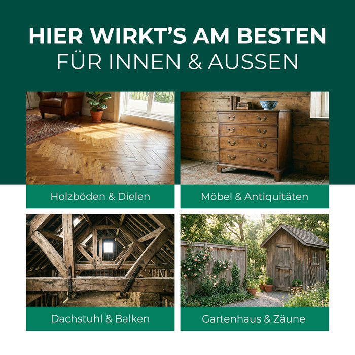 Einsatzbereiche des Silberkraft Holzwurmsprays: Holzböden & Dielen, Möbel & Antiquitäten, Dachstuhl & Balken sowie Gartenhaus & Zäune – für Innen- und Außenbereich.