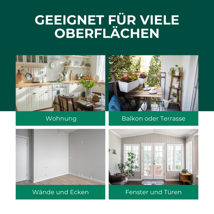 Geeignet für viele Oberflächen: Darstellung verschiedener Einsatzbereiche eines Insektensprays. Effektive Anwendung in der Wohnung, auf dem Balkon oder der Terrasse, an Wänden und Ecken sowie an Fenstern und Türen. Vielseitige Lösung für den Schutz vor Insekten im Innen- und Außenbereich.