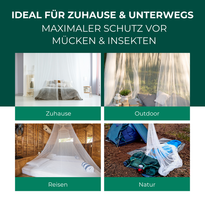 Muggennet voor thuis en onderweg – toepassingsgebieden voor muggenbescherming in de slaapkamer, op reis, op de camping of in de natuur.