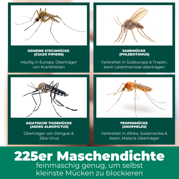Klamboe tegen diverse soorten muggen - bescherming tegen gewone muggen, zandvliegen, Aziatische tijgermuggen en tropische muggen dankzij de fijnmazige structuur.