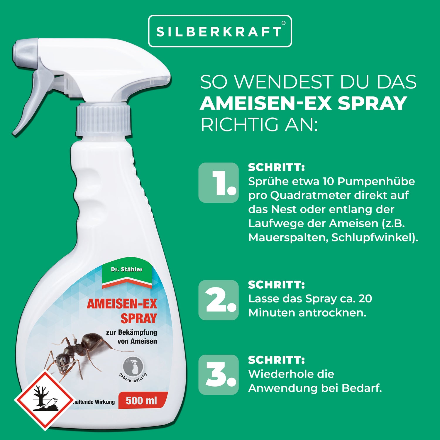 Hochwirksames Ameisen-Ex Spray gegen eine Vielzahl von Insekten wie Ameisen und Asseln - Silberkraft