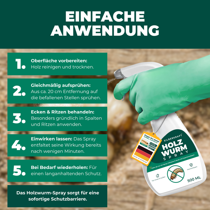 Schritt-für-Schritt-Anleitung zur Anwendung des Silberkraft Holzwurmsprays 500 ml: Holz reinigen, gleichmäßig aus 20 cm Entfernung sprühen, Ecken & Ritzen behandeln, einwirken lassen und bei Bedarf wiederholen.