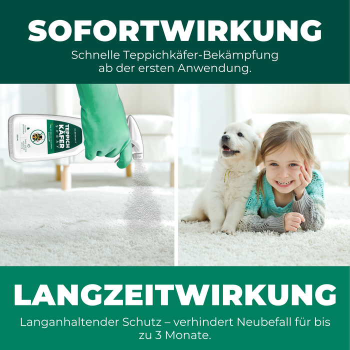 Sofortige Wirkung gegen Teppichkäfer und langanhaltender Schutz bis zu 3 Monate, visuell dargestellt mit einem Teppich und spielendem Kind mit Hund.