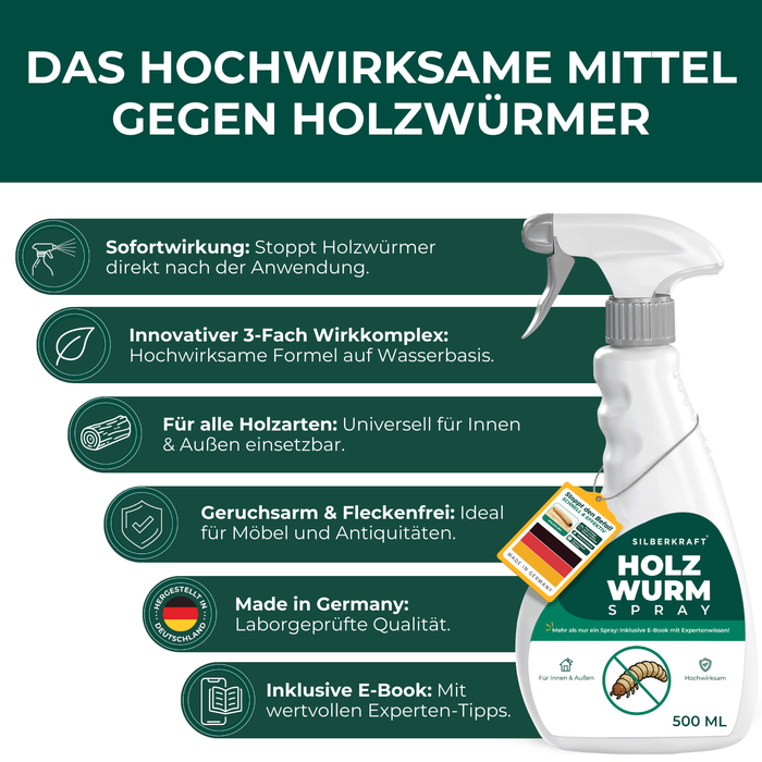Infografik mit den Hauptvorteilen des Silberkraft Holzwurmsprays 500 ml: Sofortwirkung, innovativer 3-Fach-Wirkkomplex, für alle Holzarten innen & außen, geruchsfrei & fleckenfrei, Made in Germany.