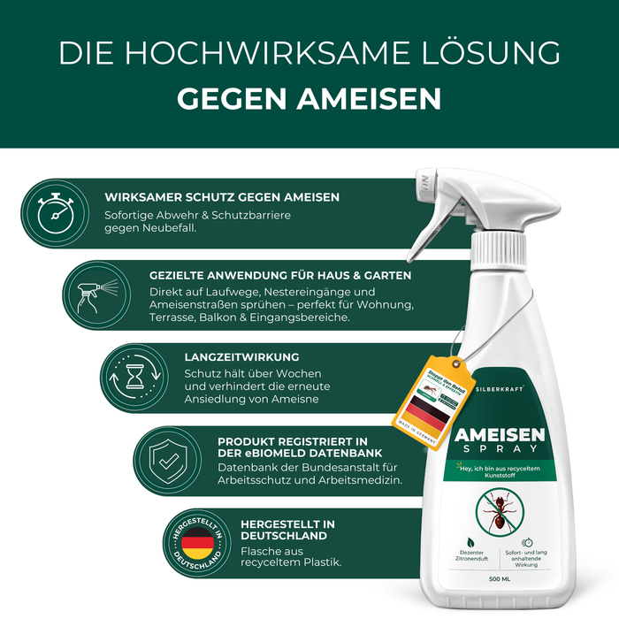 Silberkraft mierenspray met tekst die de zeer effectieve oplossing tegen mieren benadrukt en de toepassingsgebieden van het product beschrijft.