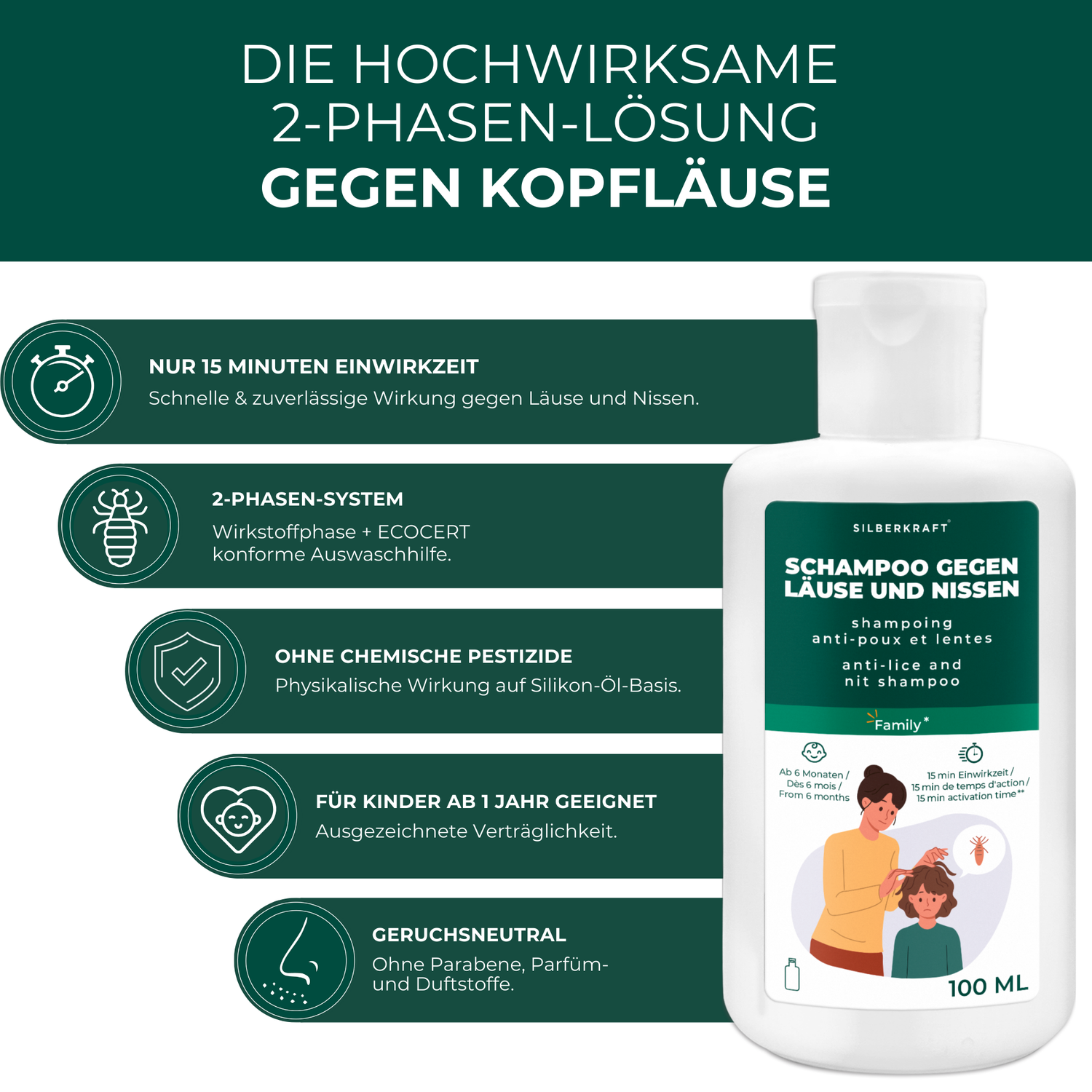 Kopfläuse-Shampoo - Läuseshampoo für Kinder & Erwachsene inkl. Nissenkamm Läuse Shampoo - Silberkraft