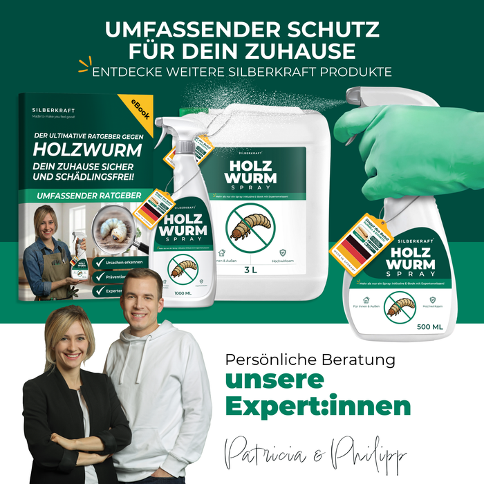 Cross-Selling-Übersicht Silberkraft Holzwurmspray-Produkte mit 500 ml, 1 Liter und 3 Liter sowie persönlicher Beratung durch Patricia & Philipp von Silberkraft.