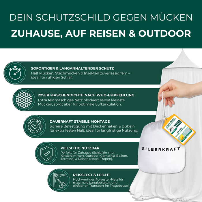 Text beschreibt die Vorteile des Silberkraft Produktes. Dazu gehören die hohe Maschendichte, der effektive Schutz und das stabile Material. Eine Hand hält den Verpackungssack und im Hintergrund ist das aufgespannte Netz zu sehen.