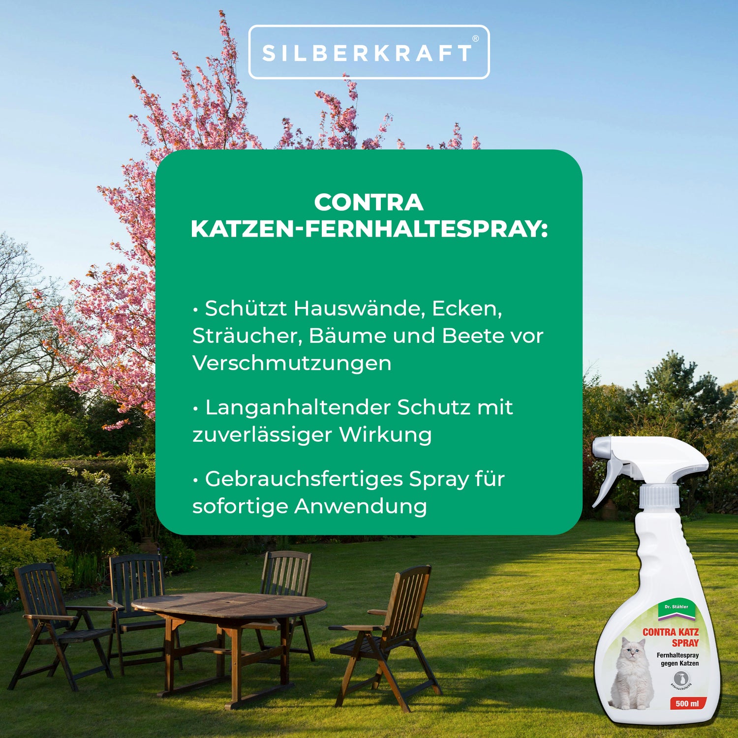 Contra Katzen-Fernhaltespray: Zuverlässiger Katzenschutz für Haus und Garten - Silberkraft