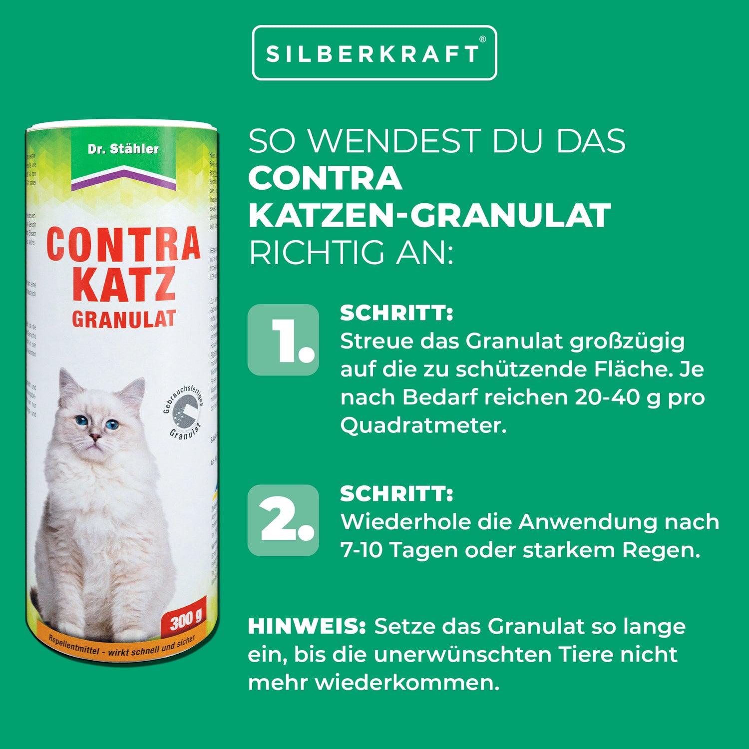 Contra Katzen-Granulat: Effektiver Schutz vor Katzen, Hunde und Kaninchen rund um dein Haus - Silberkraft