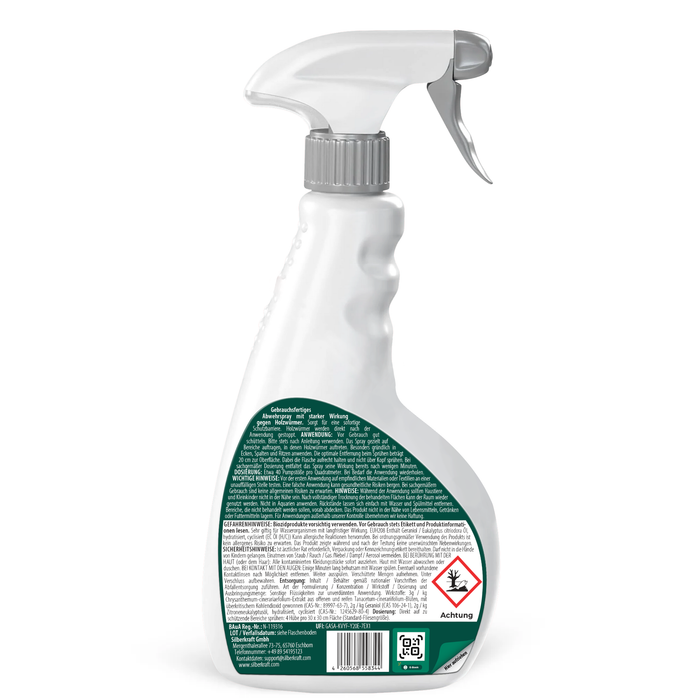 Rückseitenetikett der Silberkraft Holzwurmspray 500 ml Flasche mit ausführlichen Anwendungshinweisen, Dosierung, Sicherheits- und Gefahrenhinweisen sowie Barcode.