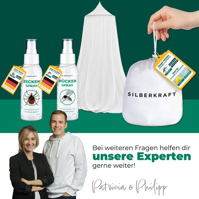 Silberkraft muggenspray met deskundig advies – klamboe met zelfklevende haken, vergezeld van tekenspray en muggenspray. Patricia en Philipp zijn als experts beschikbaar om vragen te beantwoorden.