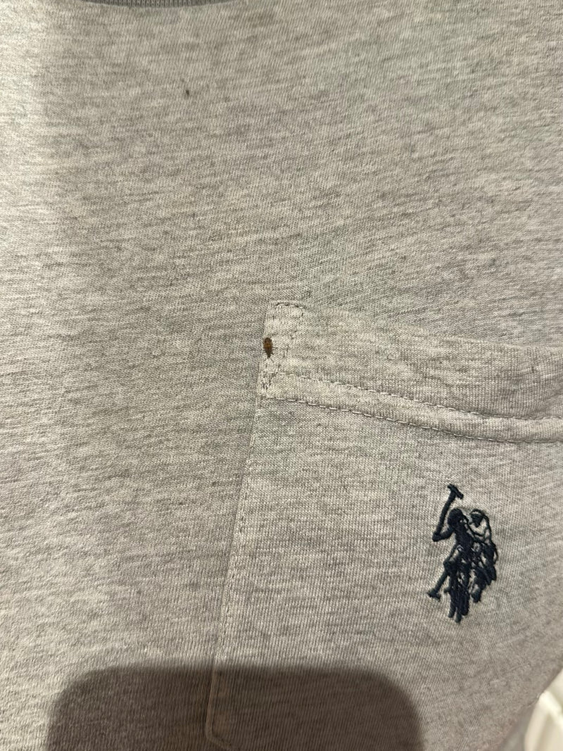 Een enkele bedwants zit op een grijze stof bij de naad van een borstzak van een overhemd. Het kleine insect is duidelijk zichtbaar.