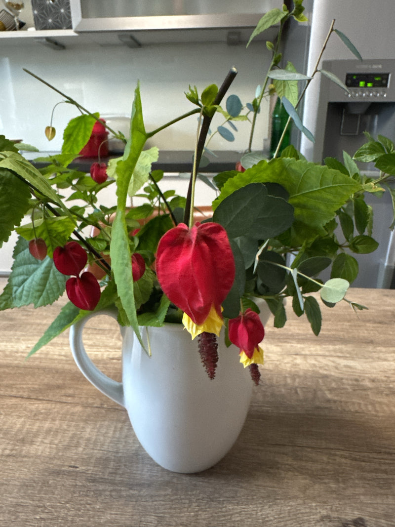 Takken van een abutilon met hangende rood-gele bloemen staan in een witte kan op een houten tafel.