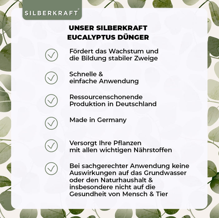 Eukalyptus Dünger - Mineralischer NPK Flüssigdünger mit Stickstoff - Dünger für Eukalyptus - Eukalyptusbaum düngen - Silberkraft