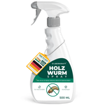 Etiket op de voorkant van de Silberkraft houtwormspray 500 ml fles met houtwormsymbool, Made in Germany-tag en eBook-notitie