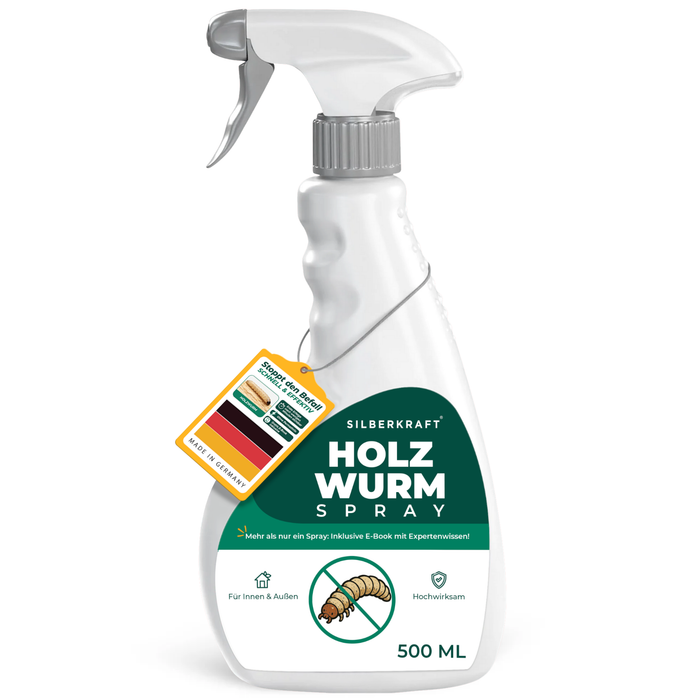 Vorderseitenetikett der Silberkraft Holzwurmspray 500 ml Flasche mit Holzwurm-Symbol, Made-in-Germany-Tag und eBook-Hinweis