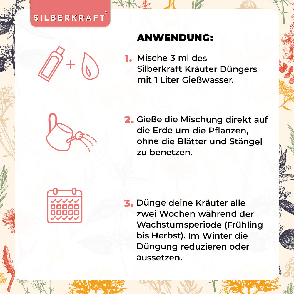 Kräuter Dünger - Mineralischer NPK Flüssigdünger mit Stickstoff - Dünger für Kräuter wie Basilikum, Rosmarin, Petersilie, Schnittlauch, Minze ,Salbei, Thymian und Liebstöckel - Silberkraft