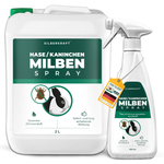 Bus van 2 liter + fles van 500 ml Silberkraft konijnen-/konijnenspray (2500 ml) voor mijtenafweermiddel bij konijnen en kleine dieren. Wit flesontwerp met groen etiket, subtiele citroengeur en onmiddellijke en langdurige effecten. Een fles met een label met daarop 'Made in Germany' en effectieve mijtenbestrijding.