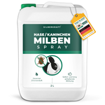 Bus van 2 liter Silberkraft konijnen-/konijnenmijtspray voor mijtafweermiddel bij konijnen en kleine dieren. Wit flesontwerp met groen etiket, subtiele citroengeur en onmiddellijke en langdurige effecten. Een fles met een label met daarop 'Made in Germany' en effectieve mijtenbestrijding.