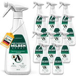 Twaalf flesjes Silberkraft konijnen-/konijnenmijtspray (500 ml) ter afweer tegen mijten bij konijnen en kleine dieren. Wit flesontwerp met groen etiket, subtiele citroengeur en onmiddellijke en langdurige effecten. Een fles met een label met daarop 'Made in Germany' en effectieve mijtenbestrijding.