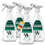 Vier flesjes Silberkraft konijnen-/konijnenspray (500 ml) ter afweer tegen mijten bij konijnen en kleine dieren. Wit flesontwerp met groen etiket, subtiele citroengeur en onmiddellijke en langdurige effecten. Een fles met een label met daarop 'Made in Germany' en effectieve mijtenbestrijding.