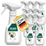 Twaalf flesjes Silberkraft honden- en kattenmijtspray met groen-witte etikettering. Een label met het opschrift “Stop de plaag – Snel en effectief” en een Duitse vlag geven aan dat het in Duitsland is vervaardigd. De spray biedt directe en langdurige bescherming tegen mijten en is veilig in gebruik.