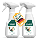 Twee flesjes Silberkraft honden- en kattenmijtspray met groen-witte etikettering. Een label met het opschrift “Stop de plaag – Snel en effectief” en een Duitse vlag geven aan dat het in Duitsland is vervaardigd. De spray biedt directe en langdurige bescherming tegen mijten en is veilig in gebruik.