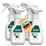 Vier flesjes Silberkraft honden- en kattenmijtspray met groen-witte etikettering. Een label met het opschrift “Stop de plaag – Snel en effectief” en een Duitse vlag geven aan dat het in Duitsland is vervaardigd. De spray biedt directe en langdurige bescherming tegen mijten en is veilig in gebruik.