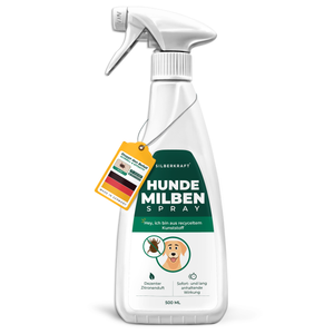 Silberkraft Hunde Milbenspray – 500 ml Sprayflasche zur Milbenabwehr für Hunde, mit Zitronenduft und langanhaltender Wirkung. Hergestellt in Deutschland, Flasche aus recyceltem Kunststoff.
