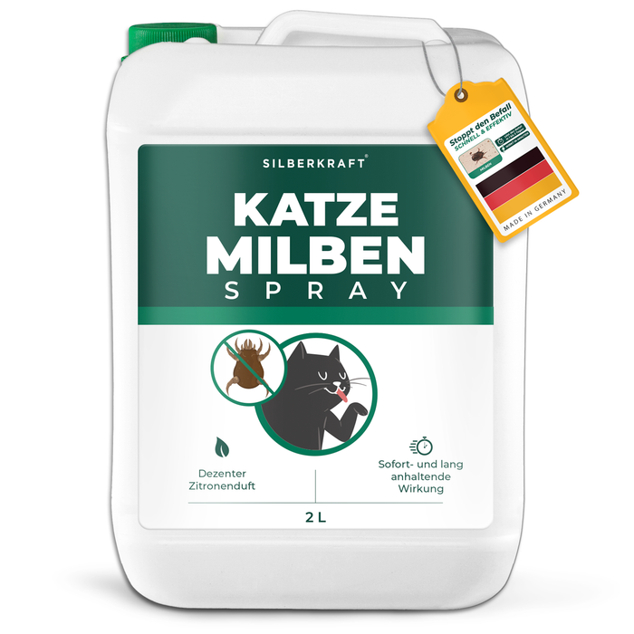 Silberkraft mijtenspray in een witte bus met een groen etiket met daarop een kat en mijten en de woorden “mijtenspray” erop geschreven.