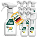 12 stuks Silberkraft vogelmijtenspray - twee spuitflessen van 250 ml om mijten bij gezelschapsvogels af te weren. Het productlabel toont een rode vogelmijt en een parkiet. Hanger met het opschrift 'Stop de plaag - snel & effectief' en 'Made in Germany' met een Duitse vlag. Bevat citroen-eucalyptus voor onmiddellijke en langdurige effecten
