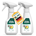 Dubbele verpakking Silberkraft vogelmijtenspray - twee spuitflessen van 250 ml om mijten bij gezelschapsvogels af te weren. Het productlabel toont een rode vogelmijt en een parkiet. Hanger met het opschrift 'Stop de plaag - snel & effectief' en 'Made in Germany' met een Duitse vlag. Bevat citroen-eucalyptus voor onmiddellijke en langdurige effecten