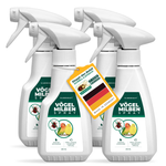 Verpakking met vier Silberkraft vogelmijtsprays - twee spuitflessen van 250 ml voor mijtafweermiddel bij gezelschapsvogels. Het productlabel toont een rode vogelmijt en een parkiet. Hanger met het opschrift 'Stop de plaag - snel & effectief' en 'Made in Germany' met een Duitse vlag. Bevat citroen-eucalyptus voor onmiddellijke en langdurige effecten