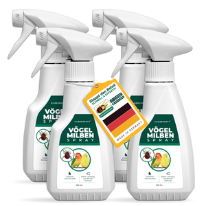 Vierer Pack Silberkraft Vögel Milben Spray – zwei 250-ml-Sprühflaschen zur Milbenabwehr bei Ziervögeln. Produktetikett zeigt eine rote Vogelmilbe und einen Wellensittich. Anhänger mit der Aufschrift 'Stoppt den Befall – Schnell & effektiv' sowie 'Made in Germany' mit deutscher Flagge. Enthält Zitroneneukalyptus für sofortige und langanhaltende Wirkung