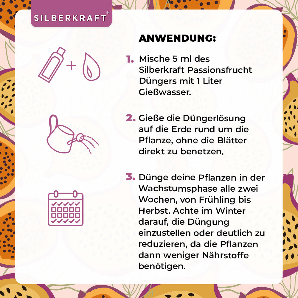 Passionsfrucht Dünger - Mineralischer NPK Flüssigdünger mit Stickstoff - Dünger für Passionsfruchtpflanzen - Maracuja Dünger - Passionsblumen Dünger - Exotischer Pflanzendünger - Silberkraft